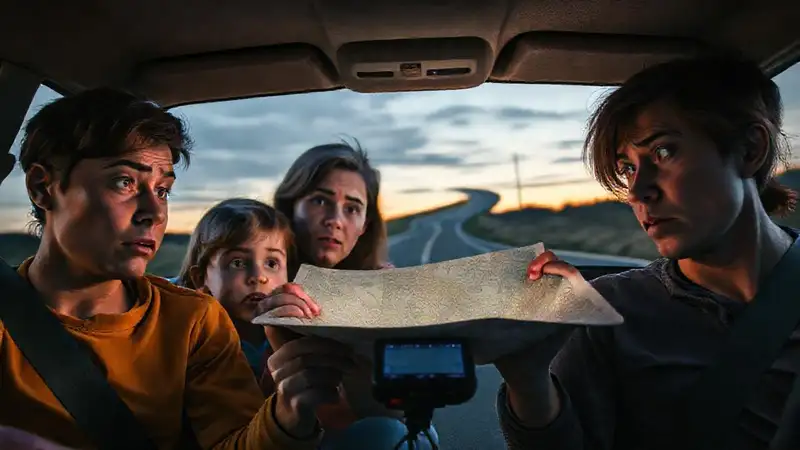 Familia preocupada en camino incierto