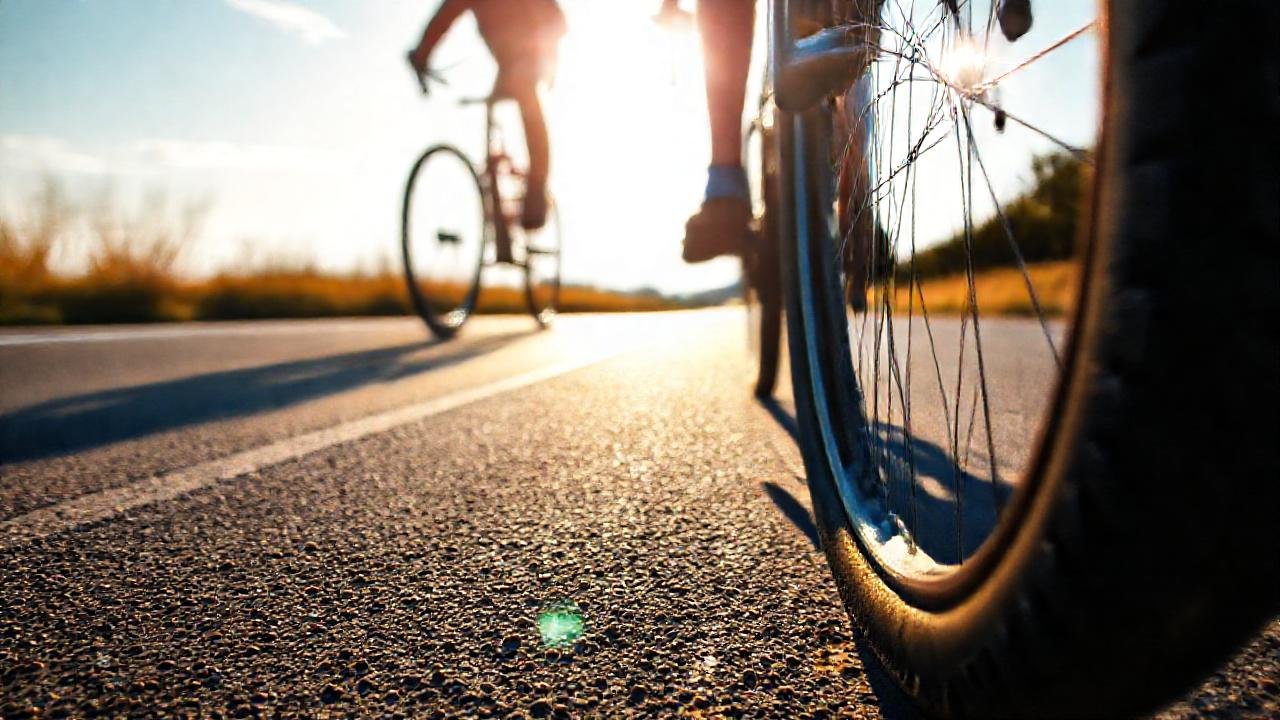 Ciclista en bicicleta refleja un día soleado