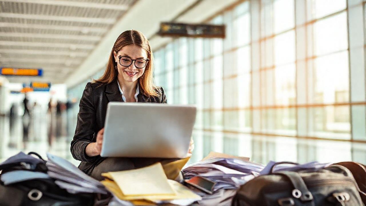 Una ejecutiva gestiona su trabajo en viaje