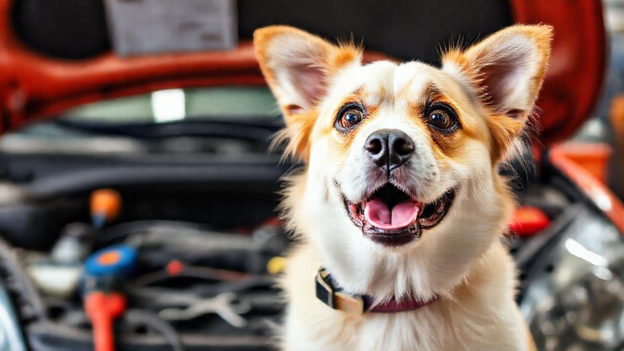 El perro mecánico confuso examina el coche