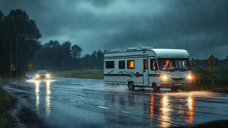 Una autocaravana se encuentra en una carretera inundada