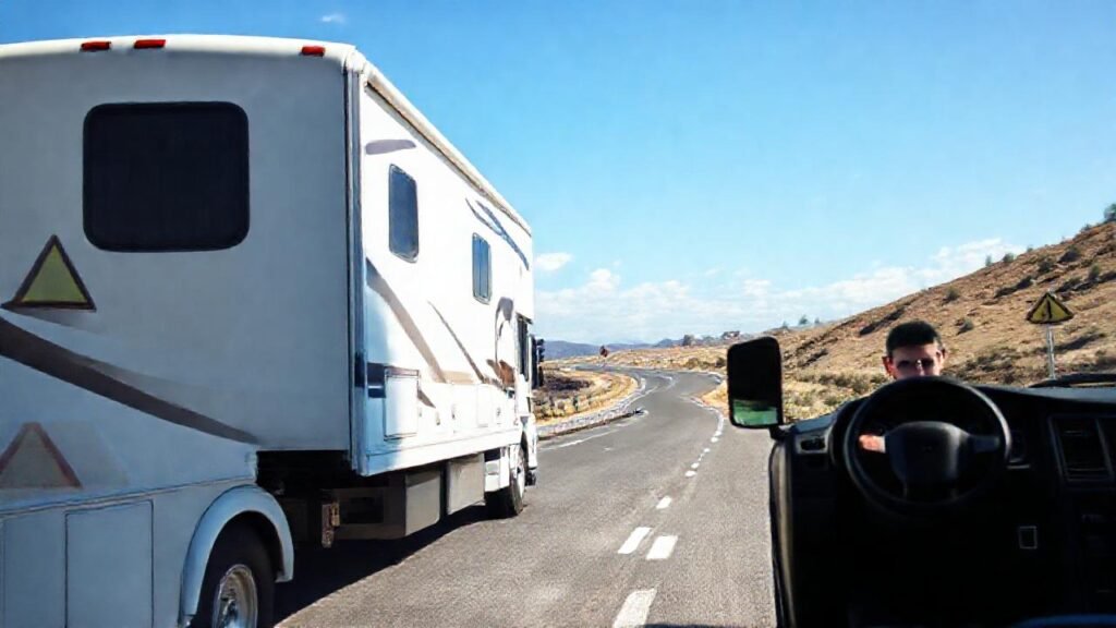 Camión arrastra RV por carretera