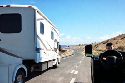 Camión arrastra RV por carretera