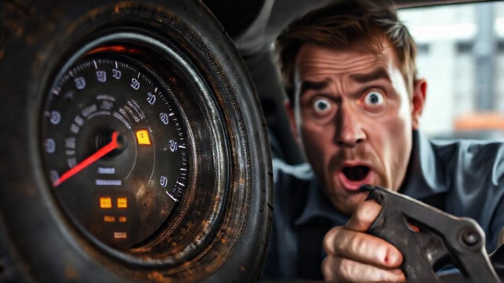 Un conductor frustrado revisa neumáticos dañados