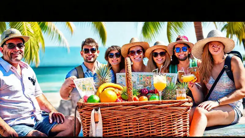 Viajeros felices disfrutan un picnic tropical