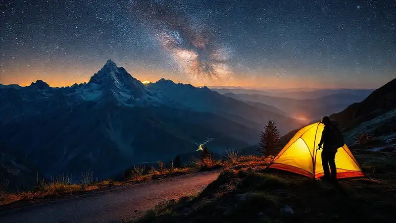 Un excursionista contempla una noche estrellada