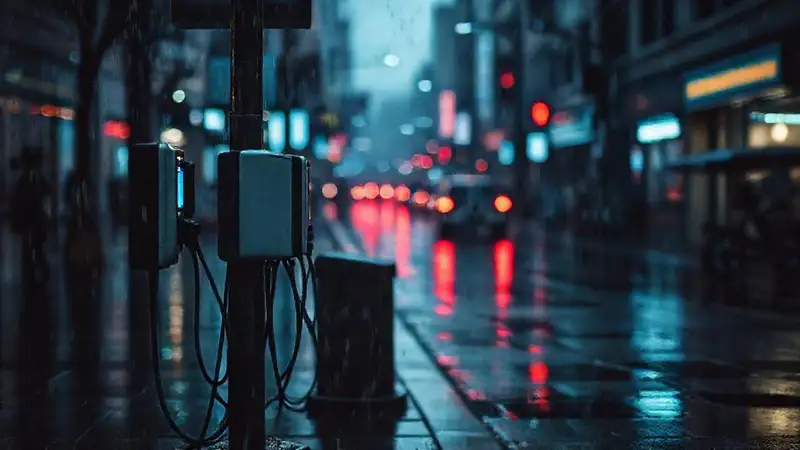 Calle lluviosa, luces neón, ambiente oscuro