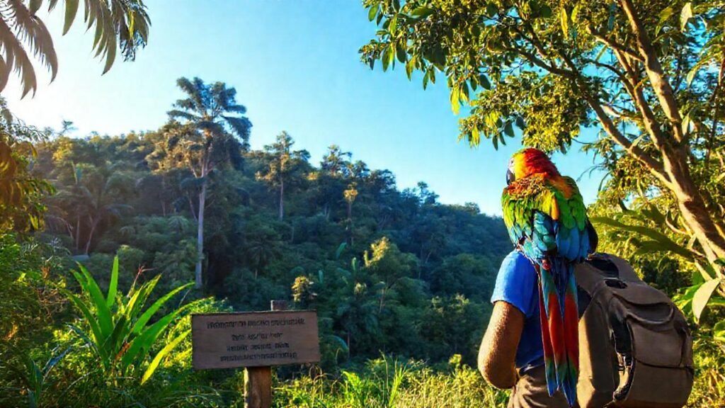 Hiker observa un loro en selva
