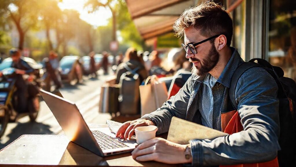 Viajero eficiente en café soleado