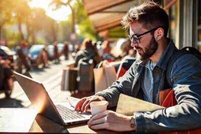 Viajero eficiente en café soleado