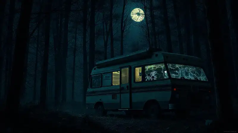 Un camión de campamento misterioso en la oscuridad