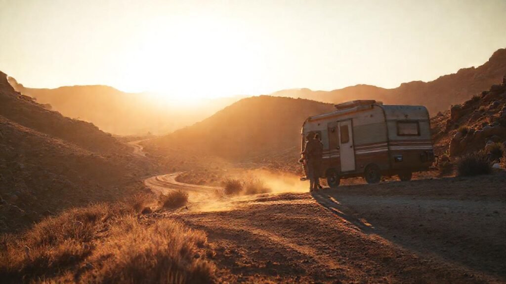 Pareja aventurera en caravana polvorienta