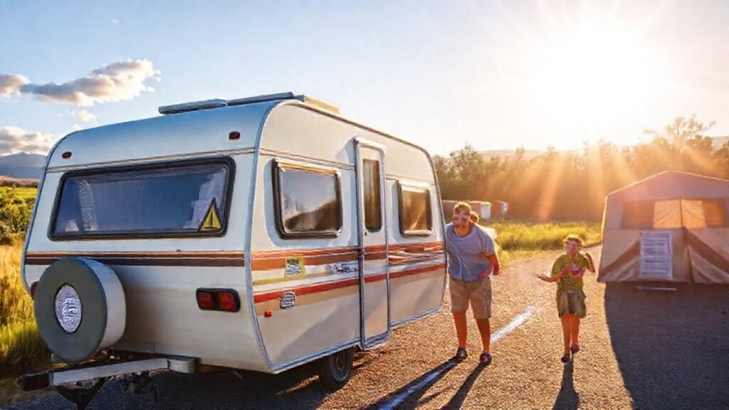 Familia feliz viaja hacia el futuro