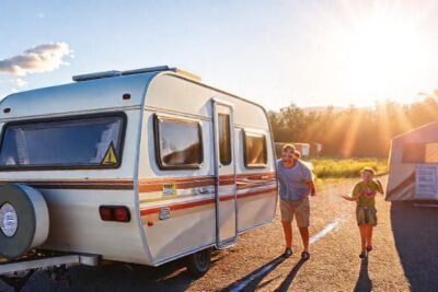Familia feliz viaja hacia el futuro