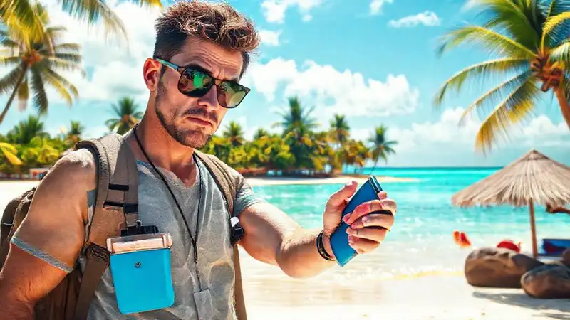 Viajero preocupado en playa tropical herido