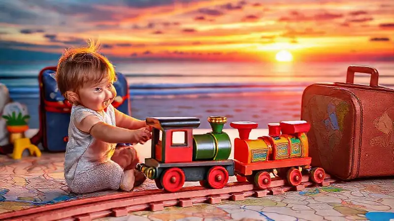 Un niño juega con trenes felices