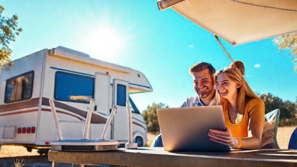Una pareja feliz disfruta de un campamento soleado