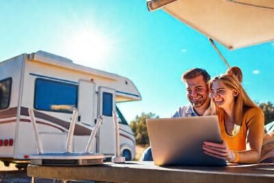 Una pareja feliz disfruta de un campamento soleado