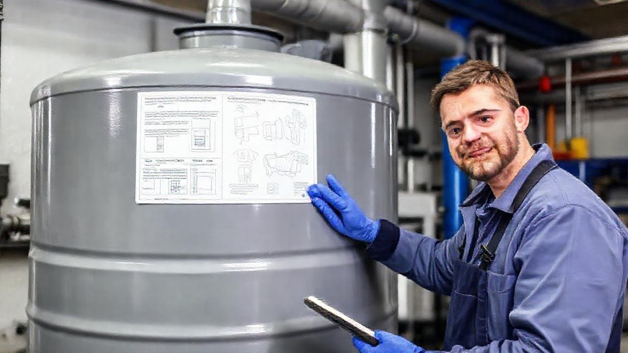 Técnico limpia tanque gris en industria