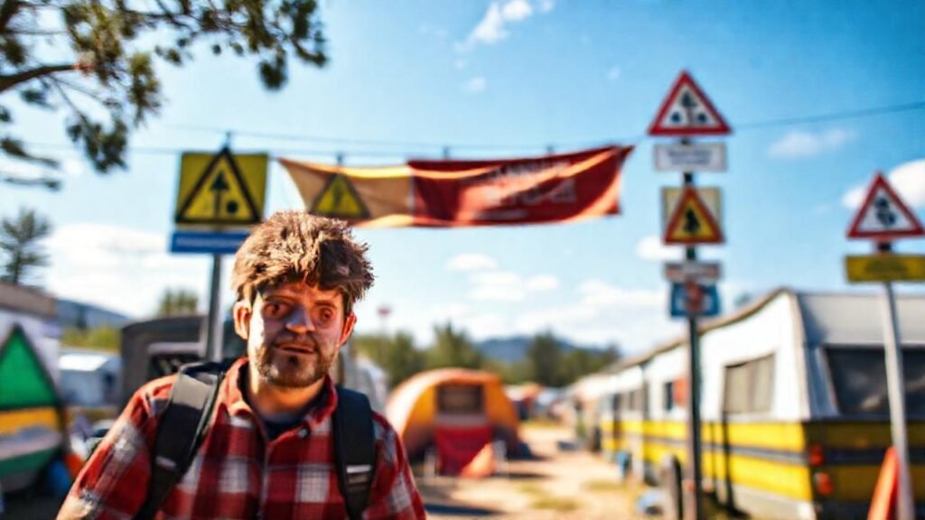 Campista frustrado en día soleado y caótico