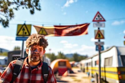 Campista frustrado en día soleado y caótico