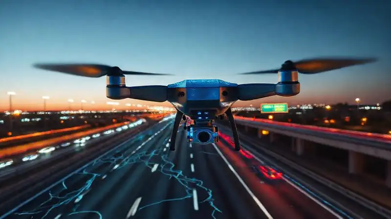 Drone muestra carretera con datos dinámicos