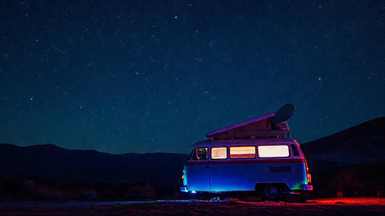 Campervan nómada, cielo estrellado, viaje sereno