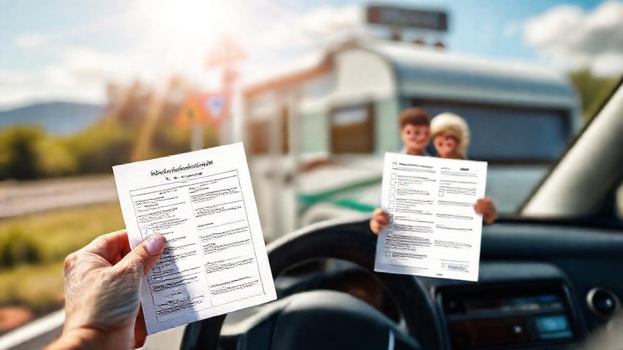 Pareja feliz planifica viaje en autocaravana