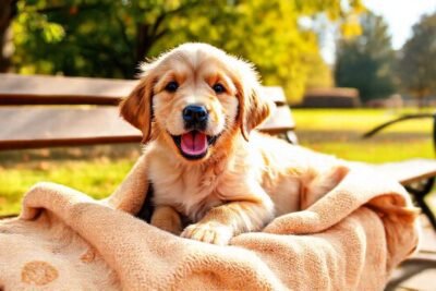 Un cachorro dorado feliz en un día soleado