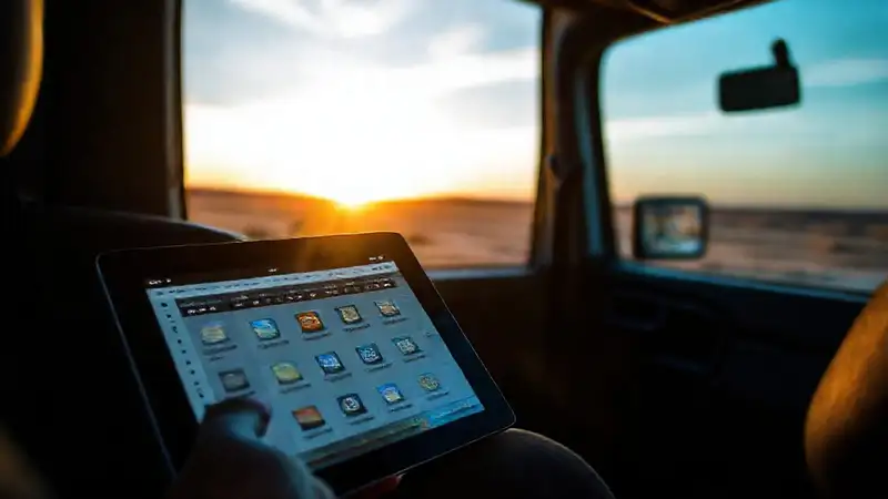 Tablet de viaje: eficiencia tecnológica azul