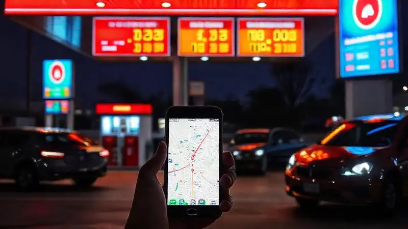 Una pantalla móvil muestra gasolineras modernas