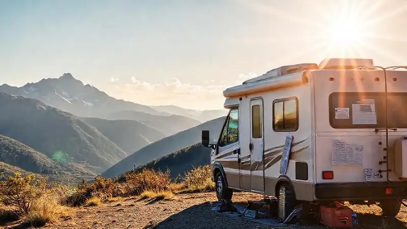 RV tranquilo en montañas soleadas