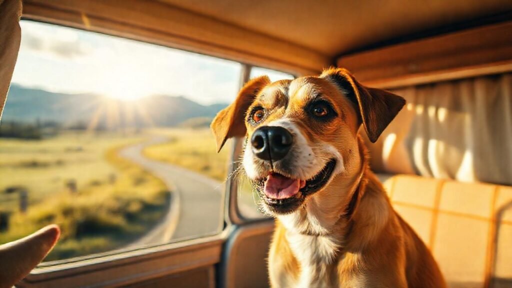 Un perro feliz en un viaje cálido