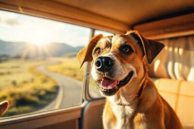 Un perro feliz en un viaje cálido