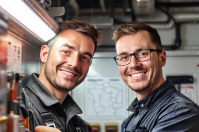 Técnico feliz mantiene paneles luminosos