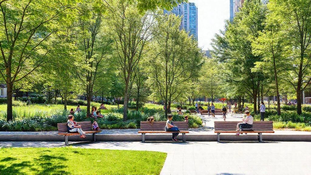 Un parque urbano vibrante y acogedor