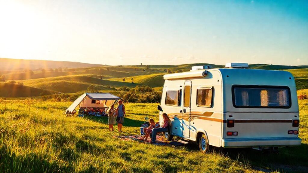 Una familia feliz disfruta un campamento idílico