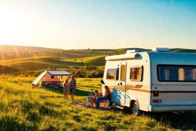 Una familia feliz disfruta un campamento idílico