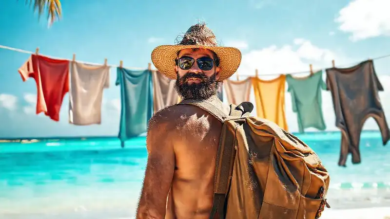 Viajero soleado, ropa seca, playa tropical