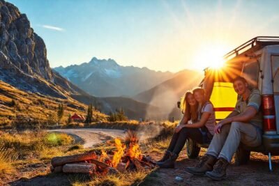Pareja feliz acampando en la montaña