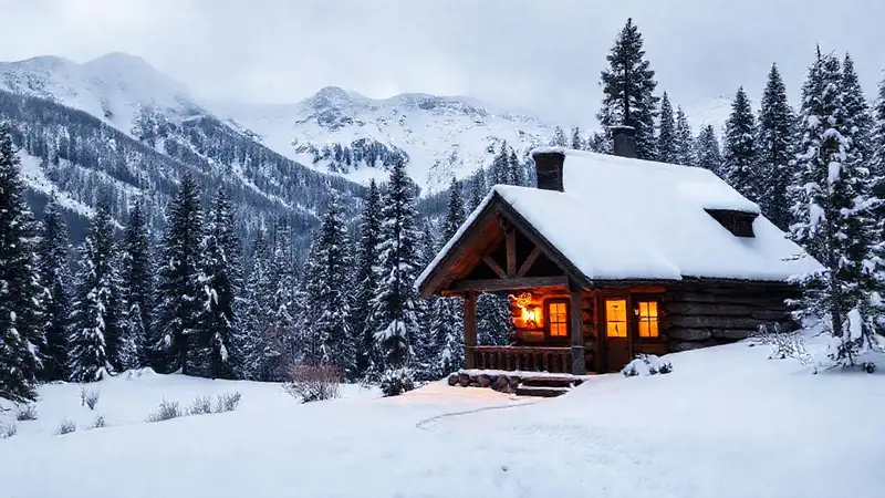 Cabaña acogedora en invierno es encantadora