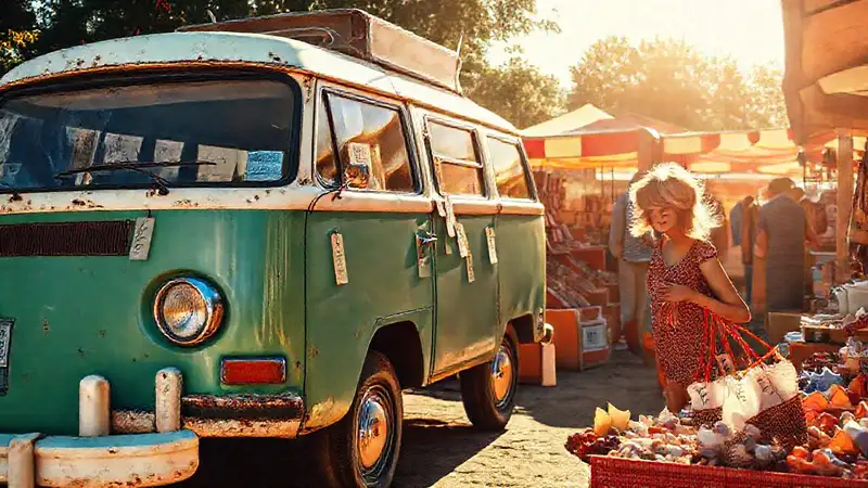 Un campero vintage en un mercado soleado