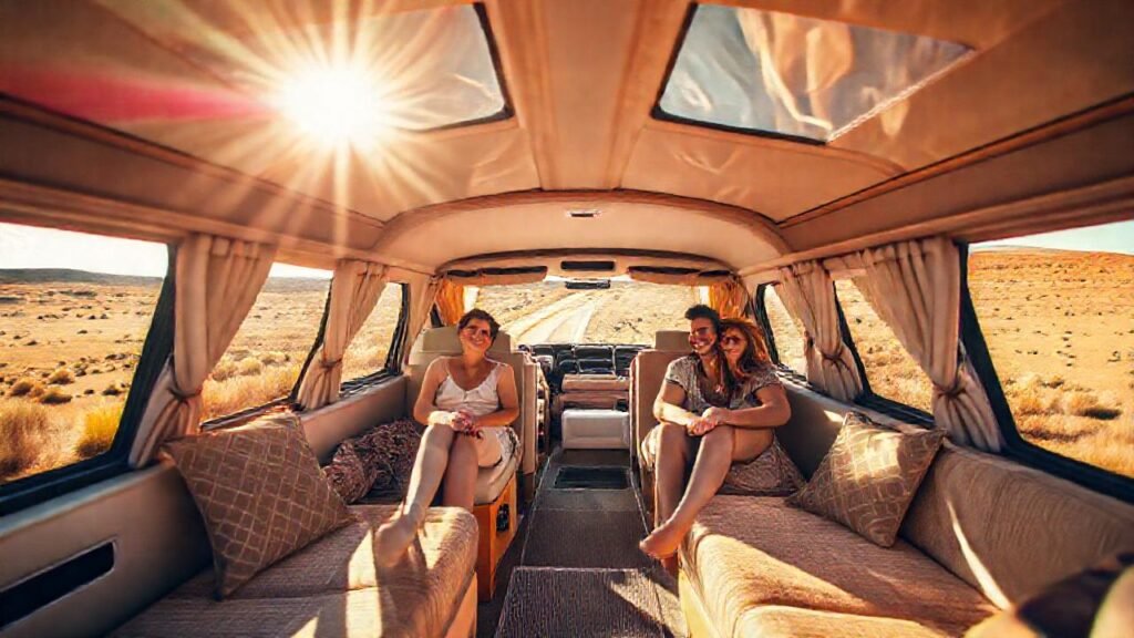 Una familia feliz viaja en caravan