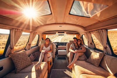 Una familia feliz viaja en caravan