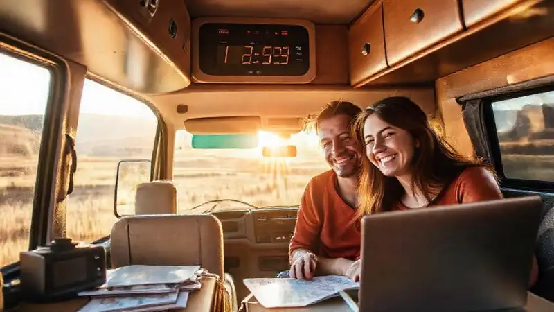 Viajeros felices exploran un interior organizado