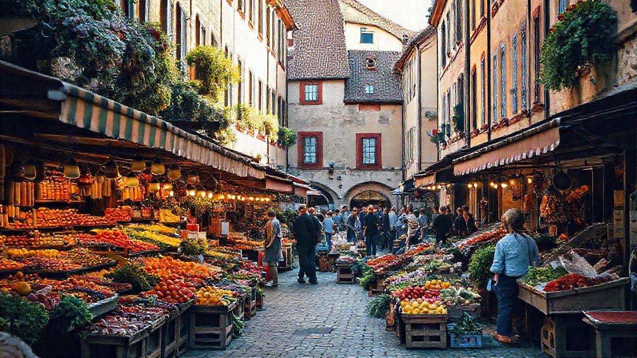 Mercado pintoresco y animado, evocando Europa