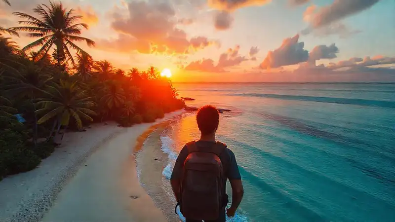 Un viajero contempla un atardecer tropical