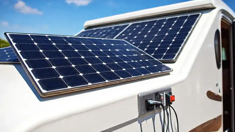 Paneles solares cargan el caraván felizmente