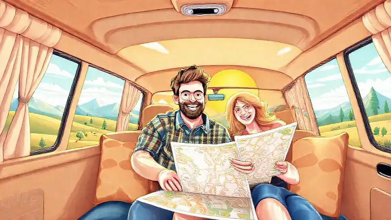 Un viaje feliz en camper en colores