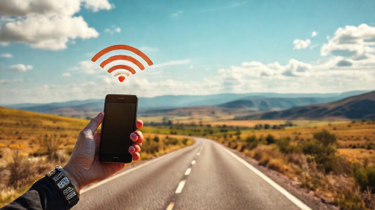 El viajero conecta digitalmente un paisaje soleado